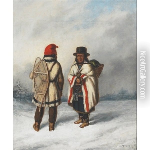 Indian Hunter And Squaw (+ Indian Moccasin Seller; 2 Works) Oil Painting - Cornelius David Krieghoff