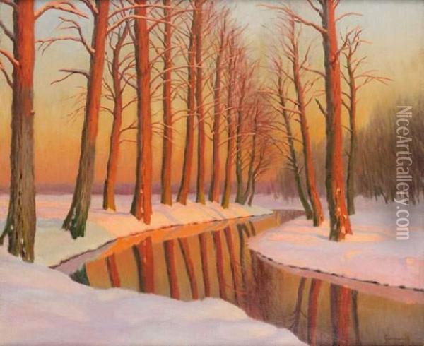Peupliers Sous La Neige Oil Painting - Mikhail Markianovich Germanshev