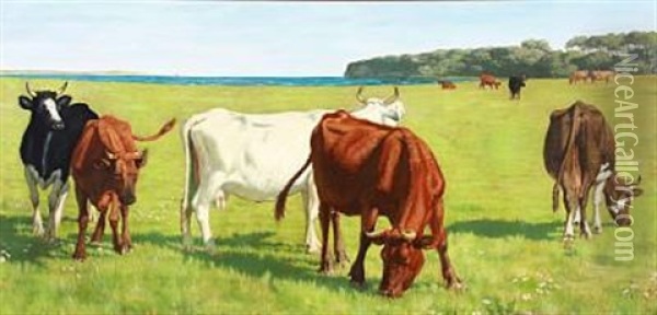 Grazing Cows Oil Painting - J. Resen Steenstrup