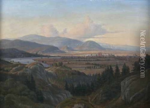 Weiter Blick Uber Die Wachau Und Donau Sowie Einer Stadt Und Auf Die Berge Oil Painting - Johann Hermann Carmiencke