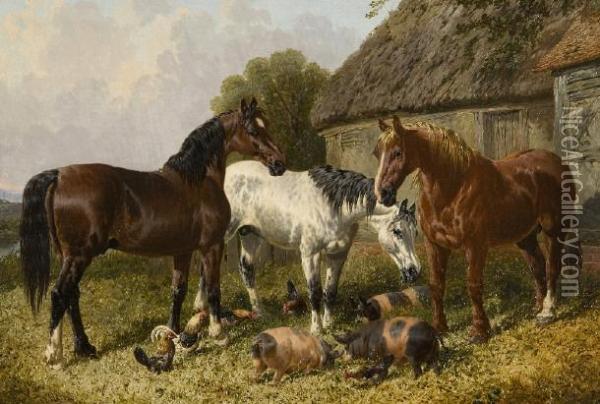Horses With Pigs And Chickens By A Barn Oil Painting - John Frederick Herring Snr
