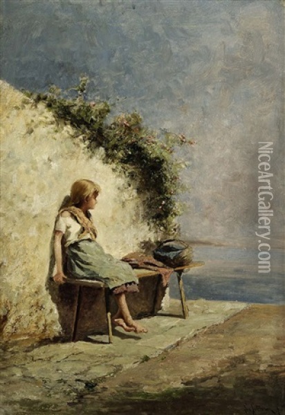 Madchen, Auf Einer Bank Sitzend Und Aufs Meer Schauend Oil Painting - Leontine (Lea) von Littrow