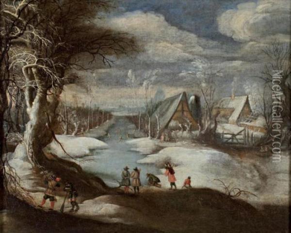Scene D'hiver Avec Un Chasseur Oil Painting - Daniel van Heil