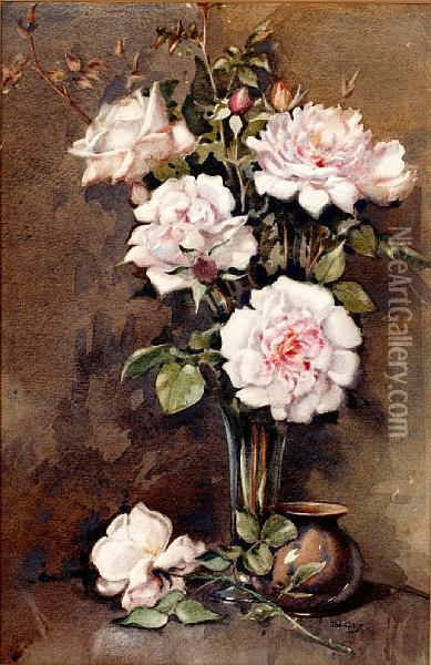 Still Life Of Pale Pink Roses Oil Painting - James Gray