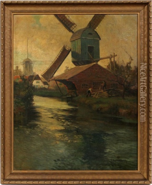 Landscape With Windmill Near Stream With Sawmill Oil Painting - George Ames Aldrich