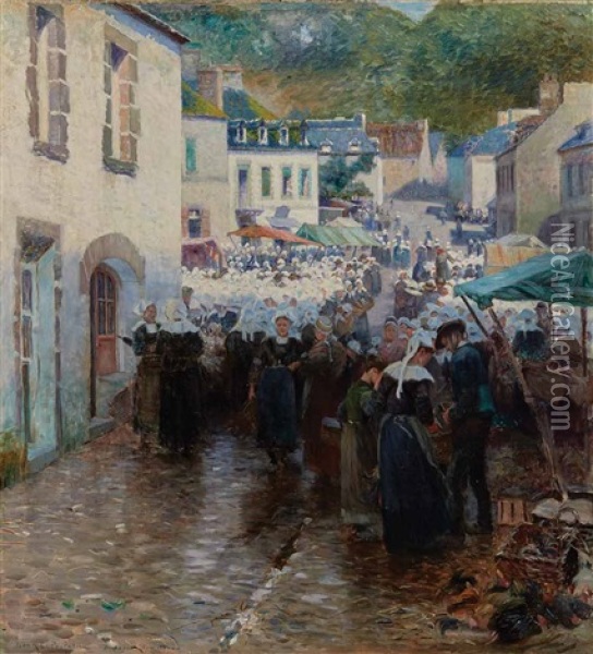 Peasants On Market Day, Pont-aven, France Oil Painting - Frank C. Penfold