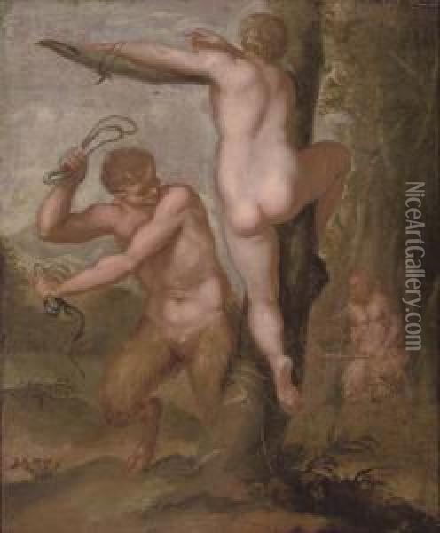A Satyr Whipping A Nymph Oil Painting - Agostino Carracci