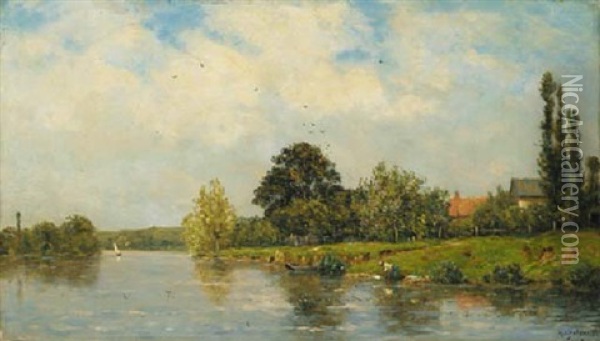 A River Landscape Oil Painting - Hippolyte Camille Delpy