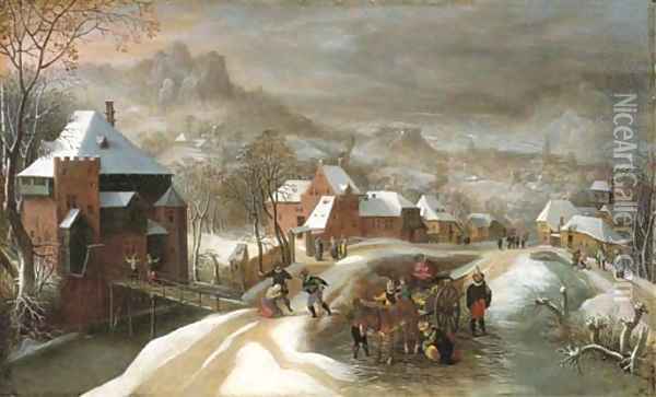 A winter landscape with soldiers in a village Oil Painting - Jacob Grimmer
