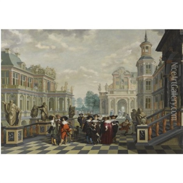 An Elaborate Palace Courtyard With Elegant Company Proceeding Towards A Great Staircase, With Four Sculpted Philosophers On Pedestals Behind Them Oil Painting - Dirck Van Delen
