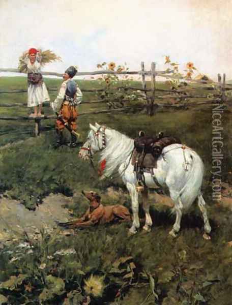 Cossack and Girl Oil Painting - Stanislaw Ksawery Szykier (Siekierz)