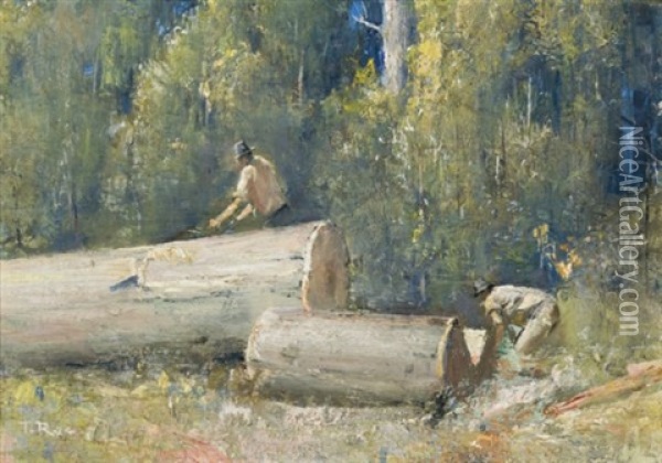 The Wood Splitters Oil Painting - Thomas William Roberts