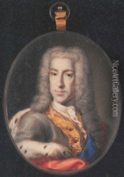 Portrait Of Prince James Francis Edward Stuart, The Old Pretender, Wearing Grey Coat, Ermine-lined Scarlet Cloak, Blue Sash Of The Garter, And Powdered Wig Oil Painting - Pompeo Girolamo Batoni
