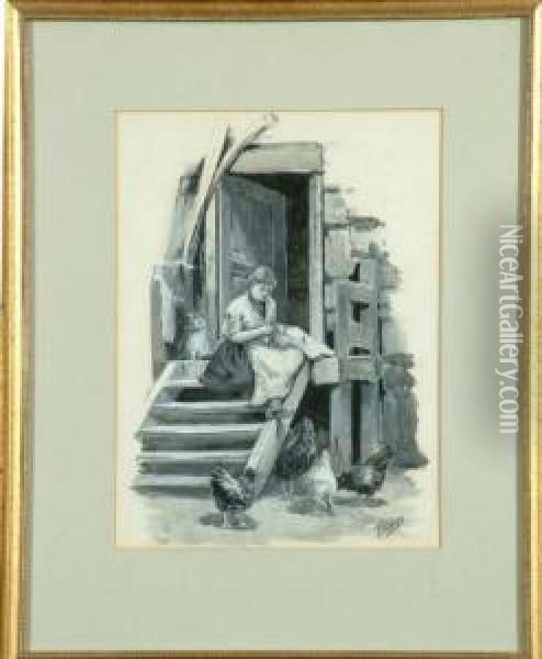 A Fishergirl Knitting On The 
Steps At Sparrow Hall, North Shields - A Study In Monochrome Oil Painting - Robert Jobling