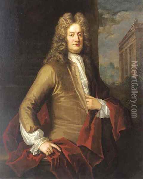 Portrait of a gentleman, traditionally identified as the Earl of March, three-quarter-length, in a brown coat and red wrap, a pavilion beyond Oil Painting - Sir Godfrey Kneller