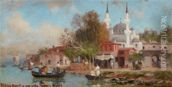 A Turkish Harbour Oil Painting - Germain Fabius Brest