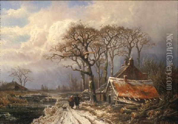 Peasants On A Snow-covered Lane Oil Painting - Johann Bernard Klombeck