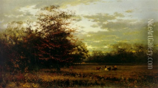 A Twilight Landscape With Cattle Resting In A Pasture And A Stream In The Foreground Oil Painting - Arvid Mauritz Lindstroem