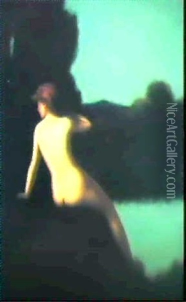 Seated Nude In A River Land- Scape Oil Painting - Jean Jacques Henner