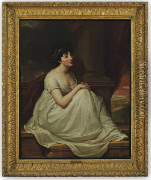 Portrait Of Jane Winder, Wife Of William Charles Monck-mason Of Masonbrook, Co. Kildare, Full-length, Seated On A Ledge In A White Dress With A Gold Headdress Beside A Column, A Landscape Beyond Oil Painting - Hugh Douglas Hamilton