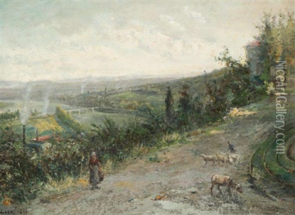 Bergere Et Son Troupeau Sur Les Hauteurs De Lyon Oil Painting - Pierre (Henri Theodore) Tetar van Elven