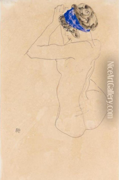 Sitzender Weiblicher Akt Mit 
Blauem Kopfband, Die Hande Erhoben (seated Female Nude With Blue 
Headband, Hands Raised) Oil Painting - Egon Schiele