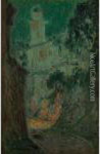 La Rue Au Clair De Lune, Villefranche-sur-mer Oil Painting - Henri Eugene Augustin Le Sidaner