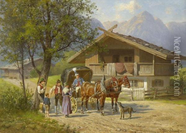 Postillon Mit Bauernfamilie Auf Der Dorfstrase Oil Painting - Franz Quaglio
