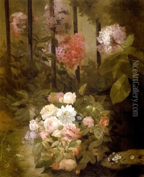 Coin De Jardin Avec Bouquet De Roses Et Hortensias Oil Painting - Henri Robbe