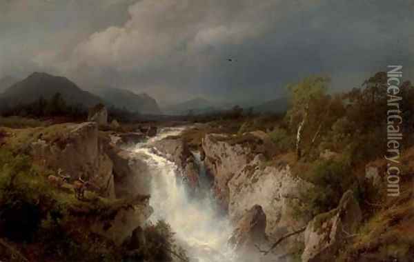 Elk by a Cascading River Oil Painting - Herman Herzog