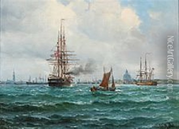 Seascape With Sailing Ships Off The Harbour Of Copenhagen Oil Painting - Vilhelm Victor Bille