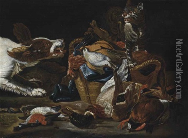 A Mallard, A Bullfinch, Partridges And Other Birds In A Wicker Basket, With A Spaniel And A Cat Fighting Oil Painting - Jan Fyt
