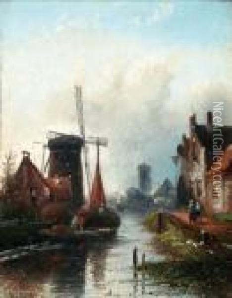 Stadje Met Hooischuit Aan Dewaterkant Oil Painting - Jan Jacob Coenraad Spohler