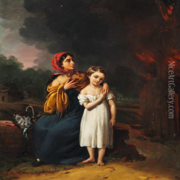Mother And Child Near A Burning House Oil Painting - Petrus Knarren