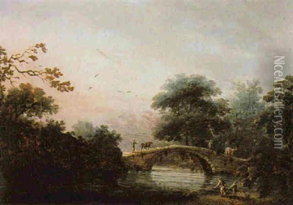 Drovers Guiding Cattle Over A Bridge In A Wooded River Landscape Oil Painting - George Chinnery