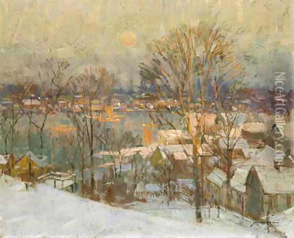 Gloucester Harbor, Winter Oil Painting - Frederick John Mulhaupt