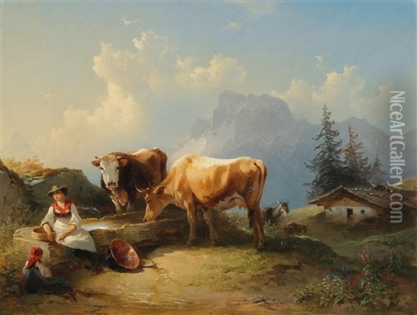 Dairymaid With Girl And Two Cows On The Grand Oil Painting - Friedrich Gauermann