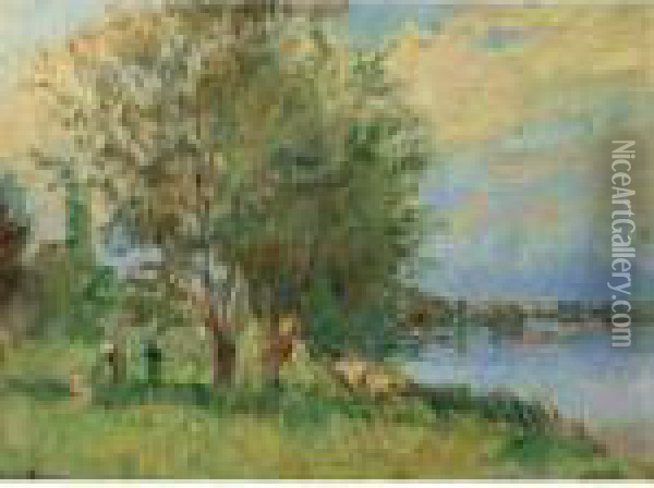 Silhouettes Pres D'une Riviere Oil Painting - Albert Lebourg