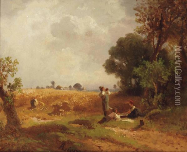 A Summer Landscape Wit Figures Resting By A Cornfield Oil Painting - Adolf Heinrich Lier