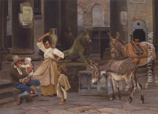 Fontaenen Ved Loggia Dei Mercanti I Florens Oil Painting - Johan Thomas Lundbye