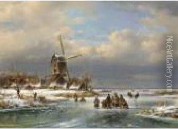 A Winter Landscape With Figures Near A Windmill Oil Painting - Lodewijk Johannes Kleijn