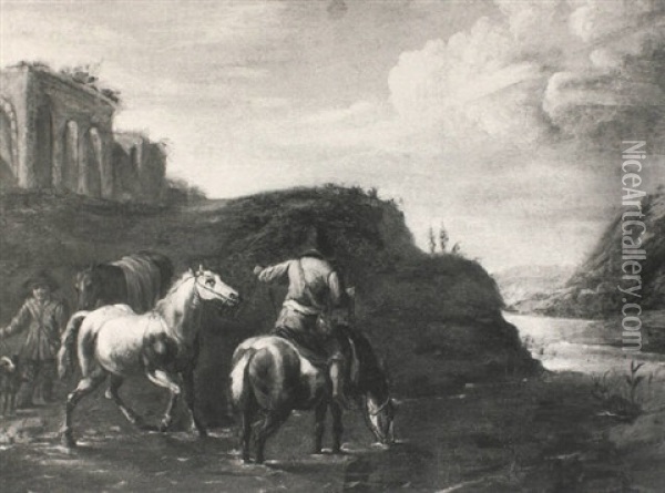 Peasants With Horses Crossing A Ford Oil Painting - Pieter van Bloemen