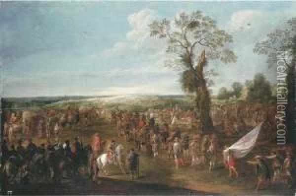 Troops Manoeuvring In An Extensive Landscape Oil Painting - Cornelis de Wael