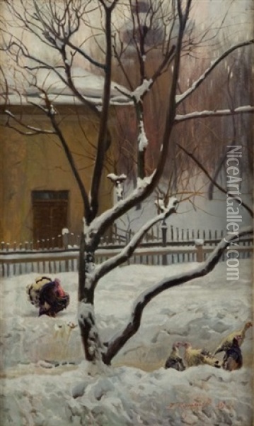 Indyki Na Sniegu Oil Painting - Zygmunt Rozwadowski