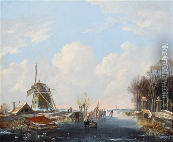 Dutch Winter Scene With Skaters And Koek-en-zopie Oil Painting - Hendrik Gerrit ten Cate