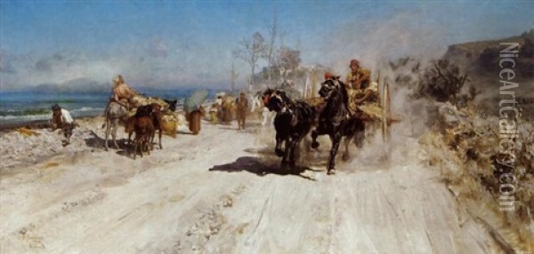 Pferderennen An Der Kustenstrase Neapels Oil Painting - Robert Poetzelberger