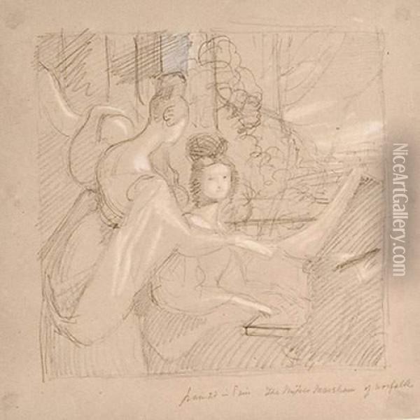 Les Demoiselles Marsham Of Norfolk Jouant Du Piano Oil Painting - Sir George Hayter