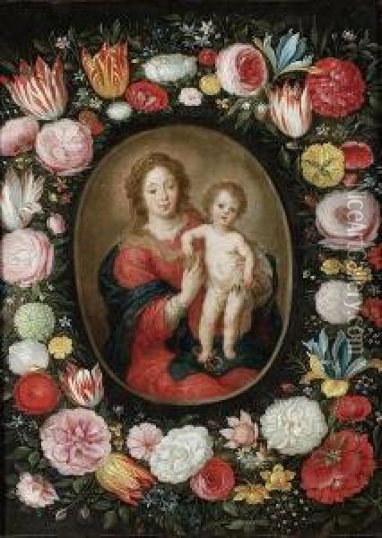 Vierge A L'enfant Ecrasant Le Serpent Dans Une Guirlande De Fleurs Oil Painting - Daniel Seghers