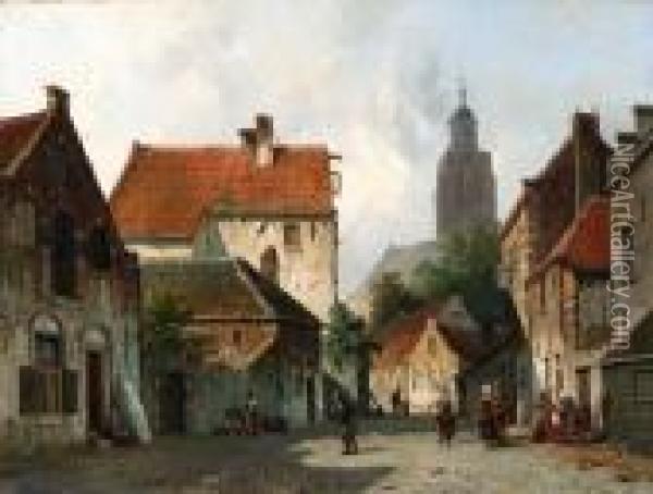 View Of A Town With Figures In A Sunlit Street Oil Painting - Adrianus Eversen