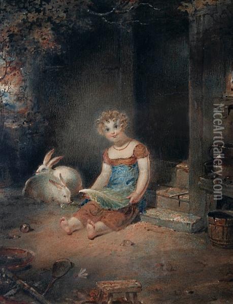 Feeding The Rabbit Oil Painting - Robert Hills